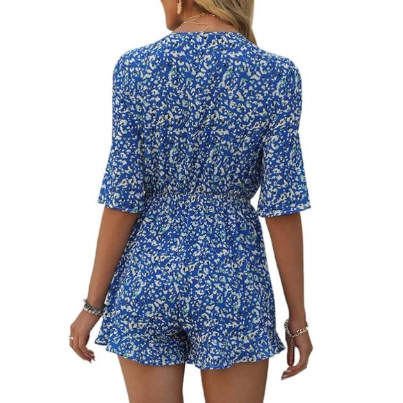 Blue and White Romper with Front Tie - Picture 6 of 6